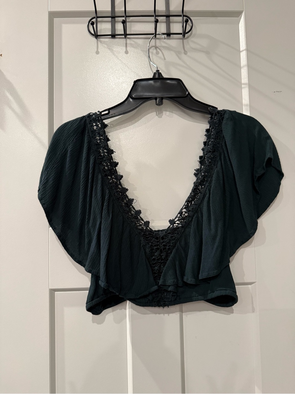 American Eagle Outfitters Dark Green Crochet Trim Flutter Sleeve Crop Top